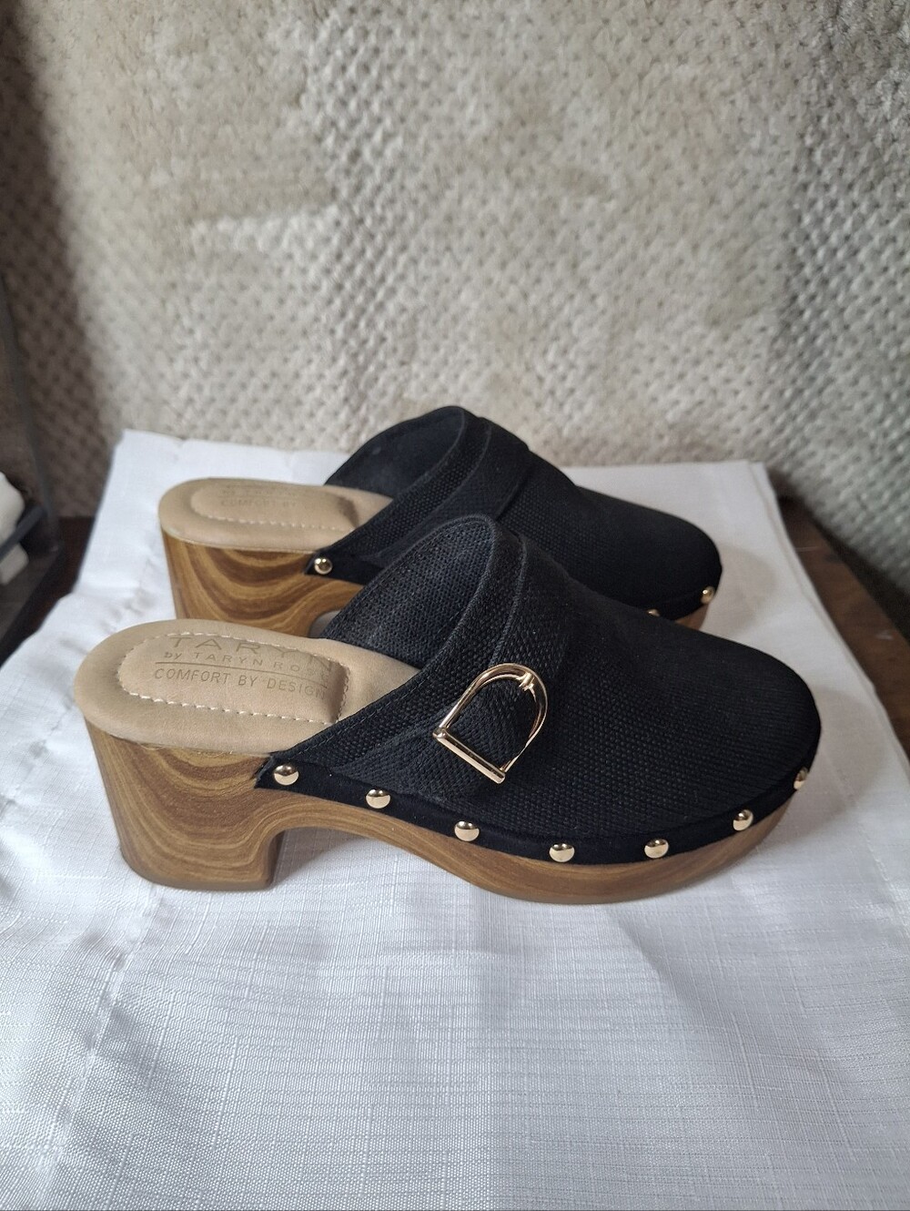 Taryn Women's Black Clog Mules with Wood-Effect Heel